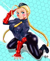 1girls ass black_leotard black_pantyhose blonde_hair blue_eyes blush boots bowtie braided_twintails cammy_white capcom female female_only fingerless_gloves gloves hat kneeling leotard nipples_visible_through_clothing pantyhose scar street_fighter