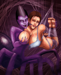 2girls anthro arachne arms_behind_back barefoot big_breasts blank_eyes bondage bottomless bound breast_grab breasts brown_eyes brown_hair clenched_teeth drider drooling dungeons_&_dragons fangs female female_only femdom femsub fondling_breast gag gagged groping groping_breast highres huge_breasts human imminent_rape interspecies lara_croft lara_croft_(survivor) large_breasts leg_grab long_fingernails multiple_girls purple_skin restrained saliva smile spider spider_web suspended suspension suspension_bondage svoidist sweat tank_top tomb_raider tomb_raider_(survivor) tongue tongue_out torn_clothes two-tone_hair web_bondage web_gag wince wizards_of_the_coast yuri