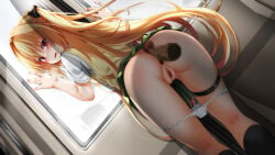 touchuu_kasou to_love-ru konjiki_no_yami 1girls very_high_resolution landscape bright_background train train_interior door glass window day daytime daylight standing from_behind viewed_from_behind outdoors female female_only female_focus solo solo_female artist_cg blonde_hair very_long_hair choppy_bangs hair_between_eyes eyebrows_visible_through_hair red_eyes looking_back looking_at_viewer blush clothing clothed school_uniform shirt white_shirt sweater sweater_vest short_sleeves sleeveless_sweater breasts small_breasts skirt green_skirt pleated_skirt skirt_up thigh_strap bowlegged_pose socks black_socks shadow hands_on_door panties white_panties underwear white_underwear ass ass_focus panties_down panties_around_legs pussy anus censored mosaic_censoring sweat sweatdrop third-party_edit transparent_male gaping gaping_anus penis penis_on_ass scared_expression saliva saliva_string open_mouth tongue tears
