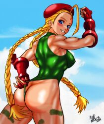ass blonde_hair blue_eyes blush braided_twintails cammy_white capcom cloud female female_only fingerless_gloves leotard pulling_clothing sky smile street_fighter