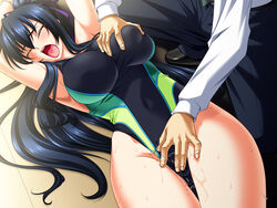 1boy bondage breast_grab clothing female female_ejaculation female_orgasm fingering game_cg groping groping_through_clothes hips kagami_hirotaka legs lying molestation one-piece_swimsuit ponytail pussy_juice restrained rope screaming swimsuit tied tied_hair ura_kyoushi wide_hips