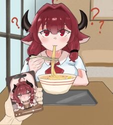1girls 2boys ??? afterimage blowjob blush bull_pov cheating_(relationship) cheating_girlfriend cuckold_pov dark-skinned_male dark_skin eating eating_food fellatio food goat-chan_(enarane) goat_girl goat_horns horns indoors leaf_painting light-skinned_female light-skinned_male light_skin male_pov noodles original phone pov question_marks red_eyes red_hair restaurant smartphone video_(object)
