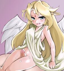 angel artist_request blonde_hair blue_eyes blush bottomless censored cleavage cowgirl_position cum cum_on_legs female ilias long_hair monster_girl_quest navel open_mouth outercourse penis tagme thigh_sex tiara