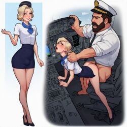 femboy femboysub doggystyle standing_sex standing_doggy_style anal anal_sex tiny_penis small_penis huge_cock thick_penis femboy_penetrated male_penetrating_femboy air_hostess miniskirt bulge bulge_under_clothes flat_chest flat_chested blonde_hair blonde_femboy skinny moaning moaning_in_pleasure long_legs ai_generated