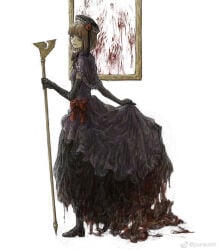 1girl black_boots black_gloves blood blue_eyes boots bow brown_hair capelet chinese_commentary commentary_request dress elbow_gloves eva_beatrice female female_only full_body gloves handprint hat highres holding holding_own_dress holding_staff intestines looking_at_viewer picture_frame pureunn purple_capelet purple_dress red_bow short_hair smile solo staff standing umineko_no_naku_koro_ni watermark weibo_watermark white_background
