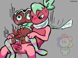 2d 2d_(artwork) anal anal_sex anthro anthro_on_anthro anthro_penetrated anthro_penetrating anthropomorphic belly_bulge clenched_teeth cosmo_(dandy's_world) cum cum_in_ass cumming dandy's_world duo ejaculation freckles freckles_on_face fruitcake_(dandy's_world) gay grey_background looking_at_another looking_at_partner mlm on_lap penis penis_in_ass roll_cake scarf self_upload shocked_expression sprout_(dandy's_world) strawberry sweat sweating thighhighs thrusting thrusting_into_ass tripndeath watermark yaoi