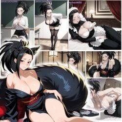 ai_generated black_eyes black_hair boku_no_hero_academia female female_only fox fox_ear fox_girl fox_tail large_breasts maid maid_apron maid_dress maid_headdress maid_outfit maid_uniform momo_yaoyorozu my_hero_academia yaoyorozu_momo