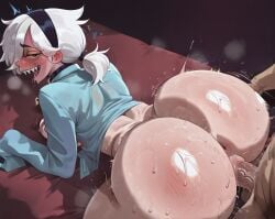 1boy 1girl absurdres ai ai_generated anus ass blush borrowed_character brawl_stars breasts colette_(brawl_stars) doggystyle generated hairband heart hetero hi highres huge_ass looking_back open_mouth penis pussy sex sex_from_behind sharp_teeth supercell sweat teeth tongue tongue_out uncensored vaginal veins white_hair yeartor