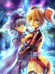 ass big_breasts blonde_hair blue_eyes female female_only fiora_(xenoblade) green_eyes grey_hair hugging looking_at_viewer melia_antiqua nintendo small_breasts smiling spoilers wholesome wings xenoblade_(series) xenoblade_chronicles