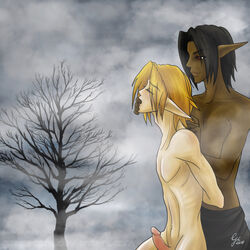 2boys blonde_hair blush boots dark_hair dark_link elf gay grapecore link link_(ocarina_of_time) male nude ocarina_of_time outdoors outside penis the_legend_of_zelda uncensored yaoi