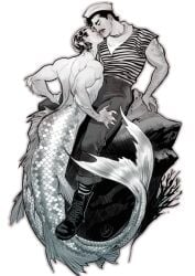 classic_gay_style fins gay homoerotic homosexual homosexual_male human_artist kissing lucas_werneck male/male male_only merman no_ai pants request rock sailor source_request