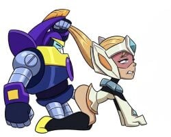 1boy 1boy1girl 1girl 1girl1boy 1girls ass blonde_female blonde_hair bolt_(brawl_stars) brawl_stars butt clothing doggy_style doggystyle female glasses goggles hair_pull light-skinned_female light_skin long_hair male medium_breasts mouth_open pink_goggles robot round_ass sex sex_from_behind simple_background starr_nova_(brawl_stars) submissive