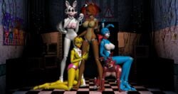 3d 5girls all_fours animatronic anthro bear bonnie_(disembowell) bonnie_(fnaf) breasts chica_(disembowell) chica_(fnaf) chicken five_nights_at_freddy's fox foxy_(disembowell) freddy_(disembowell) freddy_(fnaf) kneeling mangle_(disembowell) mangle_(fnaf) pose robot rule_63 snow-kitsune standing video_games xnalara