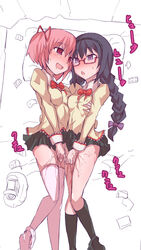 2girls akemi_homura black_hair blush braids breast_grab drooling drugs female gedou_danshaku glasses hair_ribbon hairband human long_hair madoka_kaname mahou_shoujo_madoka_magica multiple_girls open_mouth pink_hair purple_eyes pussy_juice ribbon tagme thighhighs twin_braids yuri