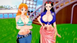 2girls 3d big_breasts black_hair female female_only huge_breasts huge_thighs long_hair long_skirt nami nami_(one_piece) navel nico_robin one_piece orange_hair pink_skirt skirt swim_skirt thighs unbothered