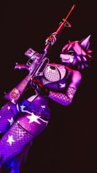 anthro assault_rifle bottomwear canid canine clothing female fingerless_gloves fishnet_clothing fox fur gloves gun handwear heresy_sfm hi_res hotpants looking_at_viewer m16 mammal purple_body purple_eyes purple_fur ranged_weapon rifle shorts smile solo violette_(heresy_sfm) weapon