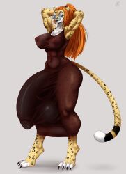 elizabeth_cavendish_(itsnafulol) angel_abelha 1futa futanari futa_only cheetah anthro gynomorph domestic_cat feline yellow_fur black_fur orange_hair blue_eyes ponytail lipstick spots spotted_body spotted_fur tail multicolored_body multicolored_fur hands_behind_head muscular muscular_anthro muscular_futa breasts huge_breasts translucent translucent_clothing dress penis humanoid_penis huge_penis big_penis erection erection_under_clothes wide_hips thick_thighs feet looking_at_viewer abs glasses balls big_balls testicles