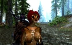 animal blue_fur cum female furry inigo khajiit male red_hair