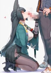 1boy 1girls ai_generated animal_ear_fluff animal_ears black_hair blank_background blowjob blue_jacket blush boots censored censored_penis clothed_female collared_shirt eyebrows eyebrows_visible_through_hair fingerless_gloves fingers fox_ears fox_girl gloves grabbing_penis green_jacket heart heart_symbol hi_res highres hoshimi_miyabi kenonomimi kneeling kneeling_oral_position light-skinned_female light-skinned_male light_skin long_hair long_sleeves looking_at_partner necktie pants pantyhose partially_clothed_male red_eyes reikarts shoes short_hair skirt sucking_penis sweatdrop tagme thick_thighs thiren white_shirt wise_(zenless_zone_zero) zenless_zone_zero