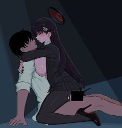 1boy 1girls animated ass black_hair blue_archive blush breasts censor_bar cowgirl_position female halo looking_at_partner millennium_science_school_student pantyhose penetration penis red_eyes rio_(blue_archive) sex torn_pantyhose toyu