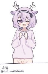 1girl animal_ears antlers ausonlee bodypaint bottomless clenched_hand deer_antlers deer_ears deer_girl do_you_want_to_pet_my_cat_(meme) drawing_on_self drawn_eyes fangs female female_only hair_ornament hairband hands_up horns long_sleeves looking_at_viewer meme one_eye_closed open_mouth original purple_eyes purple_hair purple_shirt pussy shirt short_hair signature simple_background skin_fangs smile solo standing white_background