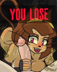 1boy 1girls 2026 absurdres anthro breasts brown_fur brown_hair cat_ears cat_girl cat_tail catgirl cum cum_on_breasts cum_on_face english_text fangs feline female female_focus fingerless_gloves gameoverse glitch_productions gloves handjob highres kit_(gameoverse) kit_bodega lagsoff lagson large_breasts male male_pov open_mouth penis pink_hair text