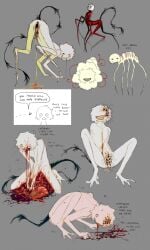:o absurdres animal_feet arthropod_limbs black_tail blood blood_on_face blood_on_tongue bug colored_skin colored_teeth commentary drooling english_commentary english_text fly grey_background grin guro highres hole_in_crotch hole_in_face implied_rape intestines jejejunum maggot misplaced_genitals monster monster_boy mouth_on_crotch multiple_views no_eyes no_nose nude open_mouth organs original pussy_mouth simple_background sketch_inset smile squatting teeth tongue tongue_out trypophobia vomit vomiting what white_skin yellow_teeth