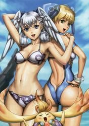 1boy 2girls ass beach bikini blonde_hair blue_eyes bracelet breasts clothing eiwa female fiora_(xenoblade) green_eyes headwings legs_together long_hair melia_antiqua nintendo open_mouth riki_(xenoblade) side-tie_bikini silver_hair smile spoilers stomach wide_hips xenoblade_(series) xenoblade_chronicles