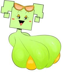1girls big_breasts bikini_top black_eyes blush_stickers breasts bust_portrait female female_only green_body green_hair green_skin huge_breasts mario_(series) mimi_(super_paper_mario) nipples_visible_through_clothing ota_(artist) paper_mario pigtails simple_eyes simple_face solo super_paper_mario