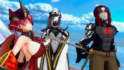 1boy 2girls cleavage grimm_(rwby) half-dressed half_naked half_naked_female hololive hololive_japan horns houshou_marine indrick_(artist) kim_(arrancon_grimmed) monster monster_boy monster_girl ocean red_eyes red_hair red_hair_female rwby shirtless shirtless_male sword virtual_youtuber white_hair white_hair_female