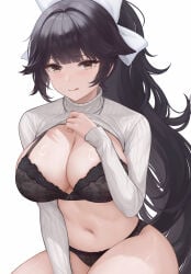 1girl :q azur_lane bangs black_bra black_hair black_panties blunt_bangs blush bow bra breasts brown_eyes cleavage closed_mouth clothes_lift eyebrows_visible_through_hair female female_only hair_bow hair_flaps large_breasts lifted_by_self long_hair long_sleeves looking_at_viewer navel panties ponytail simple_background sitting smile solo stomach sweater sweater_lift takao_(azur_lane) takao_(inner_cultivation)_(azur_lane) thighs tongue tongue_out turtleneck underwear very_long_hair white_background white_bow white_sweater