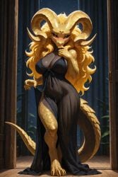 1girls ai_generated anthro anthro_female blonde blonde_hair elder_dragon female horns kulve_taroth long_hair monster_girl monster_hunter original_character red_eyes scalie scalie_humanoid scorpianpp self_upload solamandra_(scorpianpp) stable_diffusion yellow_hair