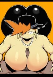 1female 1male ai_generated black_hat earrings huge_ass huge_breasts necklace orange_hair penis_between_breasts roblox robloxian rule_63 tze_(roblox)