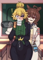 1futa 1girls agnes_tachyon_(umamusume) aphrodisiac aroused behind clothed clothing drinking duo erect erect_nipples_under_clothes erection erection_under_clothes female fully_clothed futa futanari precum precum_through_clothing slr4rthur sweater tenting umamusume