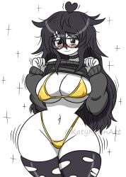 1girls 2026 big_breasts big_thighs bikini black_hair blush blush_lines choker cute depressed eyebags female female_only glasses gold_bikini golden_bikini golden_week happy katy_(katymoonart) katymoonart long_hair meme meme_clothing messy_hair not_porn oc original original_character pulling_clothing shiny showing_off shy smile smiling smiling_at_viewer smug solo solo_female stockings sweater text thighhighs tired_eyes torn_thighhighs twitter_link twitter_user_oc twitter_username white_background white_body yellow_bikini