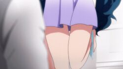1boy 1girls 2022 20s animated animated_gif anime_screenshot bedroom blue_hair blue_panties bottomless breasts bunnywalker expressionless fat_man female female_focus glasses kuudere long_hair mind_control naked_shirt no_panties no_pants nozaki_yuu panties panties_around_ankles panties_around_leg panty_pull petite pink_eyes purple_shirt saimin_seishidou shirt small_breasts solo_focus sweat t-rex_(animation_studio) tanaka_hajime_(saimin_seishidou) thighs ugly_bastard very_long_hair white_shirt