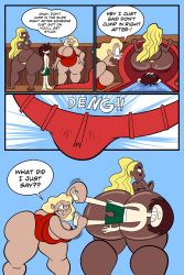 1boy 2026 2d_(artwork) 2girls bbw big_ass big_breasts bikini bottom_heavy_female buckteeth chanel_williams_(bargsilona) comic dark-skinned_female darla_doofrain_(bargsilona) dialogue female flattened_by_ass funny huge_ass humor lifeguard long_hair navel navel_piercing oboithisisfunky one-piece_swimsuit original_characters phone short-haired_male slightly_chubby_female sound_effect swimsuit swimwear tanned_female text_bubble tied_hair water_slide white-skinned_male yellow_bikini