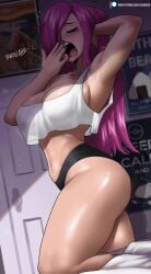 1girl 1girls 5_fingers absurdres alternate_hairstyle arm_up armpits bare_shoulders bed bedroom black_panties breasts cleavage closed_eyes clothing collarbone commentary creatures_(company) crop_top crop_top_overhang door echo_saber echosaber english_commentary fat_breasts female female_focus female_only fingernails flat_belly food game_freak hair hair_down hair_over_one_eye hand_up highres indoors jessie_(pokemon) jiggle jiggling_ass jiggling_breasts kneeling large_breasts light-skinned_female light_skin linea_alba long_hair magenta_hair magikarp_poster midriff nail_polish nails navel nintendo no_bra onigiri paid_reward_available pale_skin patreon_logo pink_lips png pokemon pokemon_(anime) pokemon_rgby poster_(object) purple_fingernails purple_hair purple_nails realistic red_hair shiny_skin sleepwear solo stomach stray_hair stretching_arms tank_top team_rocket tears teeth thick_thighs thighs tongue topwear upper_teeth_only voluptuous voluptuous_female waking_up wallpaper_(object) web_address white_tank_top white_topwear wide_hips yawning