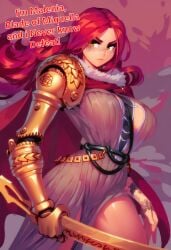 gigiti ai_generated trogiai malenia_blade_of_miquella elden_ring fromsoftware bandai_namco big_breasts large_breasts long_hair red_hair female 1girls thick_thighs color hi_res light_skin light-skinned_female looking_at_viewer solo solo_female female_only female_focus clothing clothed text english_text