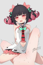 2girls absurdres angels_of_delusion anonymous_female black_hair blue_bow blue_bowtie blush bow bowtie clothed_female_nude_female clothing_cutout commentary_request dated dress female female/female female_only female_pov grey_background hair_bow highres lesbian_sex looking_at_viewer motion_lines multicolored_hair multiple_girls nangong_yu_(zenless_zone_zero) navel_cutout nude nude_female open_mouth pink_bow pink_streaks pov pussy_juice red_eyes scissoring simple_background smile spread_legs streaked_hair sunna_(zenless_zone_zero) trembling tribadism twintails white_dress yuri zenless_zone_zero zxyx