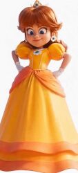 ai_generated animated animated_gif back blue_eyes breasts brown_hair covering_breasts crown dress energetic flipped_hair gif illumination_entertainment mario_(series) medium_breasts nintendo on_model princess princess_daisy sassy super_mario_galaxy_(2026_film) tomboy topless undressing universal_studios yellow_dress
