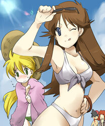 bikini blue_eyes brown_hair female green_(pokemon) human human_only leaf_(pokemon) pokemon pokemon_(manga) pokemon_adventures pokemon_rgby yellow_(pokemon)