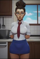 1girls ai_female ai_generated arcane blue_skirt breasts brown_hair brown_skin female female_focus female_only hands_behind_back indoors kitchen kitchen_background league_of_legends red_tie shirt short_hair skirt sky_young smile solo solo_female solo_focus standing tie window