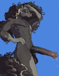 animal_genitalia animal_penis anthro balls big_penis blue_background blue_eyes bodily_fluids curly_hair dripping equid equine equine_genitalia equine_penis genital_fluids genitals grey_body hair hand_on_hip hi_res horse ibis_(ibisibish) ibisibish long_penis male mammal muscular muscular_anthro muscular_male nipples nude_anthro nude_male penis precum precum_drip simple_background solo standing