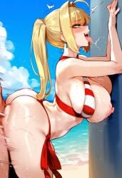 1boy 1girls ai_generated beach big_breasts blonde_hair breasts fate/grand_order fate_(series) female female_focus green_eyes hips huge_breasts huge_cock large_breasts light-skinned_female looking_pleasured male navel nero_claudius_(fate) nero_claudius_(swimsuit_caster) sex thick_thighs thighs twintails vaginal_sex wide_hips