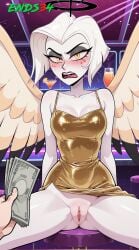 2025 ai_generated angel blush dress ends34 female female_focus hazbin_hotel lute_(hazbin_hotel) money prostitution pussy short_hair slutty_clothes spread_legs white_hair wings