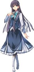aqua_bow aqua_bowtie aqua_eyes black_hair blue_skirt blue_vest bow bowtie dress earrings eiyuu_densetsu elise_schwarzer elise_schwarzer_(sen_no_kiseki_iii) female highres jewelry long_hair long_sleeves multicolored_dress non-web_source sen_no_kiseki_(series) sen_no_kiseki_iii simple_background skirt solo vest