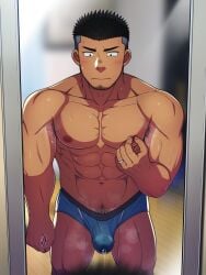 1boy abs armpit_hair bara beard_stubble beefy biceps big_areola big_bulge black_eyes black_hair blurry_background blush briefs broad_shoulders bulge bulge_through_clothing collarbone dark_skin erection erection_under_clothes eyelashes futase_hikaru gay genital_outline hi_res hunk indoors jewelry looking_down lunatique male male_only manly married masturbation mature_male mirror mirror_reflection muscles muscular muscular_male navel original original_character pecs pinch pinching_nipples precum precum_drip pubic_hair quadriceps ring sanpaku shaved_head short_hair six_pack small_pupils solo spiky_hair standing steamy_penis sweat sweatdrop sweating sweaty sweaty_armpits tan tan_body tanline thick_eyebrows topless tough_guy triceps underwear_only veiny_arms veiny_legs veiny_stomach wooden_floor yaoi