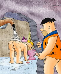 2boys anus_peek ass backsack barney_rubble being_watched bent_over black_hair blonde_hair cmnm cum cumshot erection flying_sweatdrops fred_flintstone gay handjob hanna-barbera holding_penis human male male_only masturbation nude shower skirt_lift slightly_chubby soap the_flintstones voyeur voyeurism