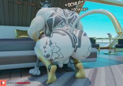 3d_(artwork) anthro ass back_tattoo backsack balls big_butt black_clothing black_headwear black_nose brown_body brown_fur butt_tattoo camseven canid canine canis claws clothing dialogue digital_media_(artwork) domestic_cat duo epic_games felid feline felis fortnite fur genitals gold_body headgear headwear hi_res implied_oral male male/male mammal meowdas multicolored_body multicolored_fur muscular muscular_anthro muscular_male patreon patreon_logo penis profanity tail tattoo text toe_claws wendell_(fortnite) white_body white_fur wolf